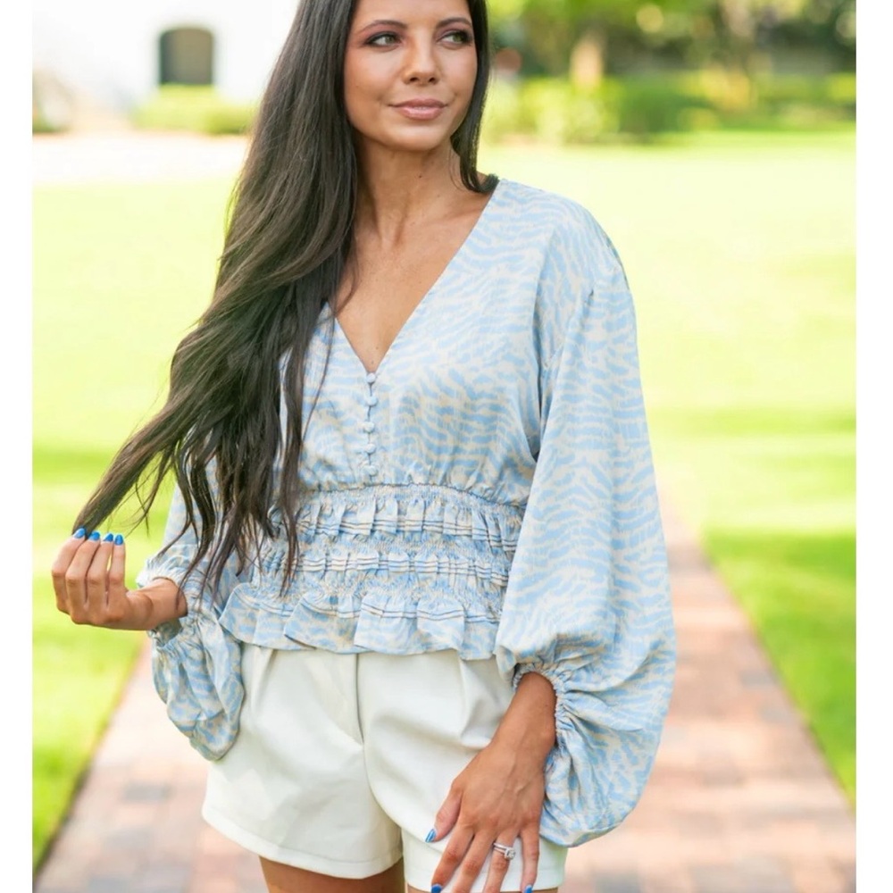 Fate Light Blue Printed Smocked V-Neck Blouse